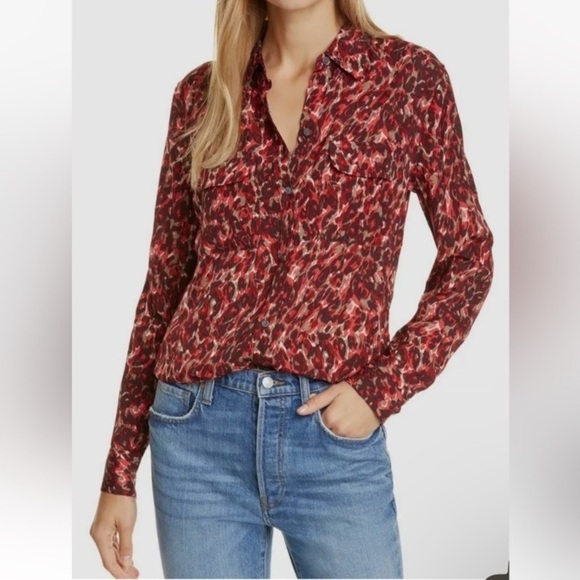 Equipment Slim Signature Blouse Merlot Multi size Small button‎ down shirt red - Picture 2 of 16